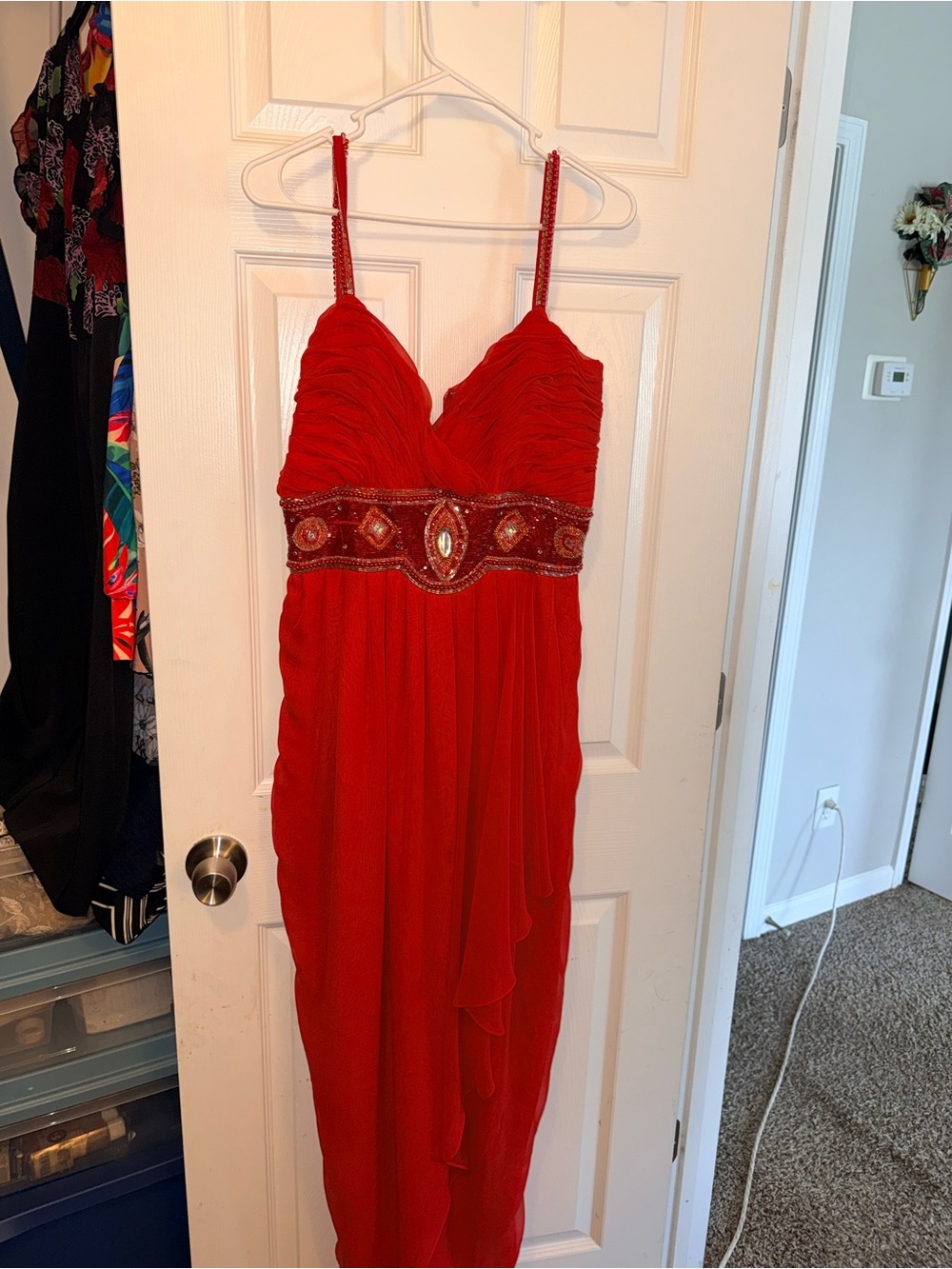 Niteline Red Beaded Spaghetti Strap Prom Dress